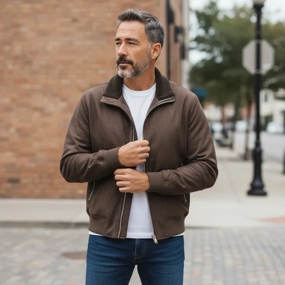 Robert Graham Vegan Faux Suede Dark Brown Full Zip Bomber Jacket RG-51 Men Small - Picture 1 of 11